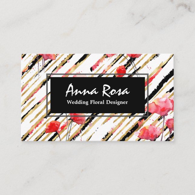 *~* Floral Red Poppy Glitter Foil Black White Chic Business Card (Front)