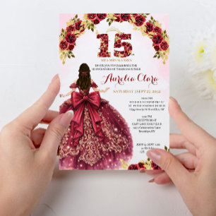 Floral Red Princess Dress Coquette Quinceanera Invitation