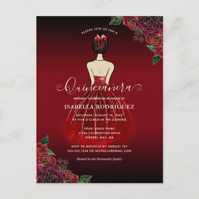 Floral Red Princess Gold Birthday Quinceañera Postcard (Front)