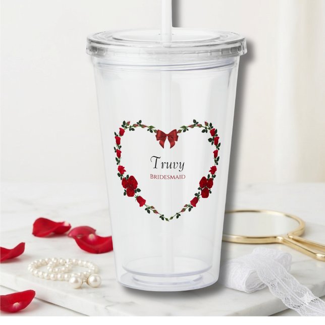 Floral Red Rose Bridesmaid Gift Acrylic Tumbler (Personalized Bridesmaid Acrylic Tumbler with Red Rose Heart Storybook Motif)