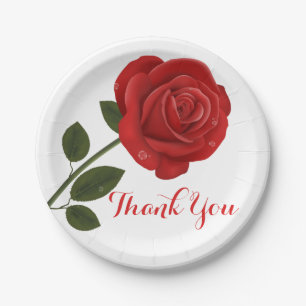 Floral Red Rose Flower Thank you - Wedding Party Paper Plate