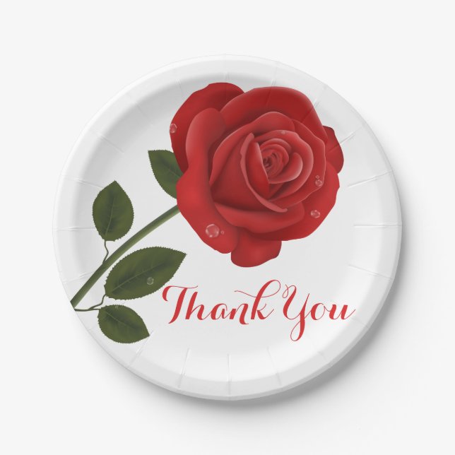 Floral Red Rose Flower Thank you - Wedding Party Paper Plate (Front)
