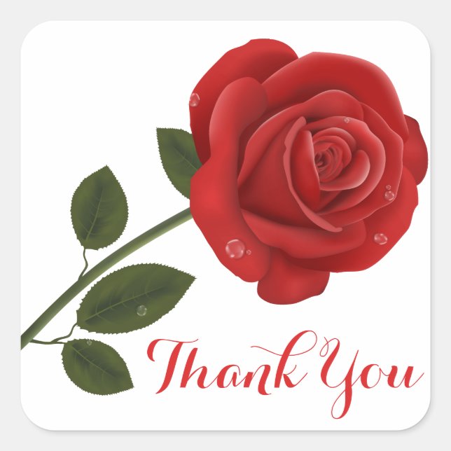 Floral Red Rose Flower Thank You - Wedding Party Square Sticker (Front)