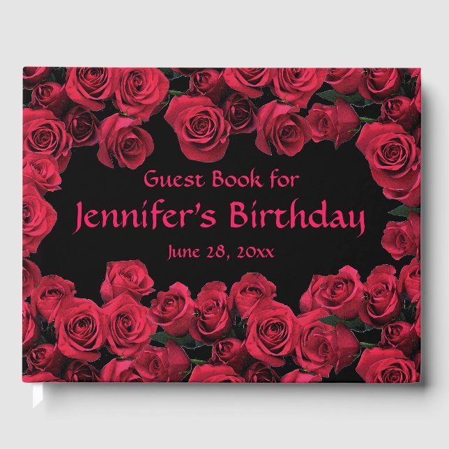 Floral Red Rose Flowers Birthday Party Guest Book (Front)