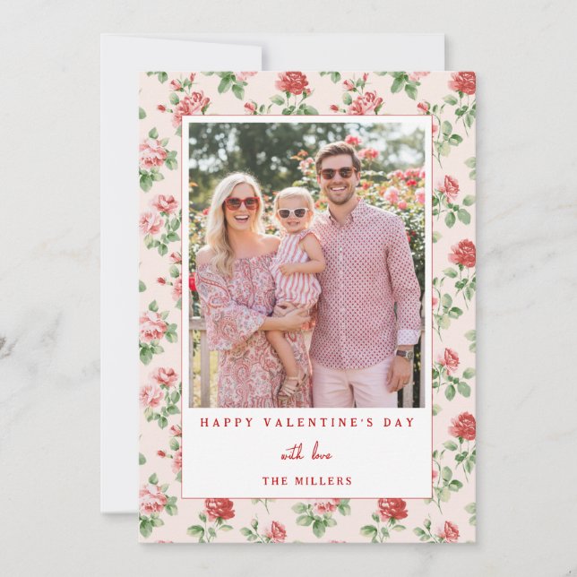 Floral Red Rose Happy Valentine's Day Photo Card (Front)