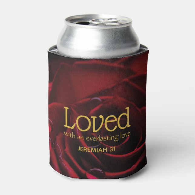 Floral Red Rose LOVED Monogram Can Cooler (Can Front)