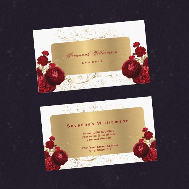 Floral Red Roses Gold Customizable Business Card (Creator Uploaded)