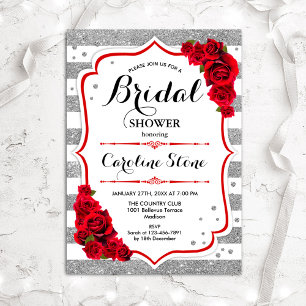 Floral Red Silver Stripes Bridal Shower Invitation
