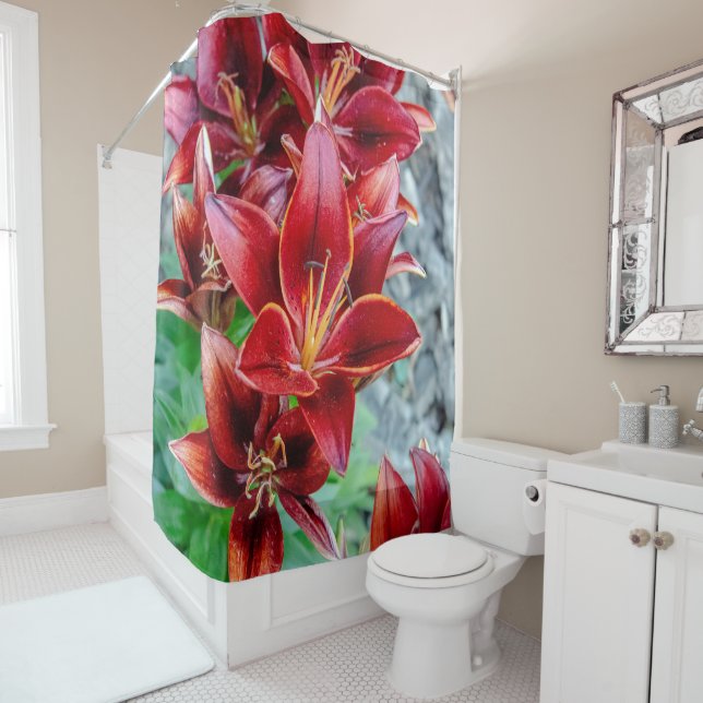 Floral Red Stargazer Lily Photography Shower Curtain (In Situ)