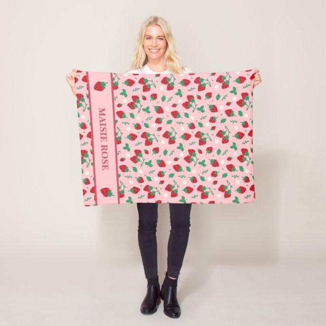 Floral Red Strawberry Pattern Personalised Fleece Blanket (In Situ)