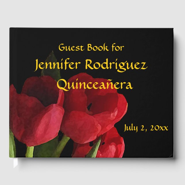 Floral Red Tulip Flowers Quinceañera Guest Book (Front)