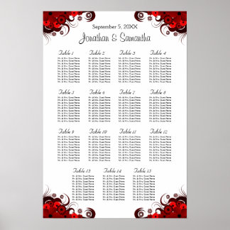 Floral Red & White 15 Wedding Tables Seating Chart