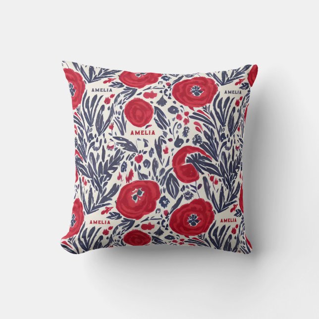 Floral Red White & Blue Botanical Pattern Cushion (Front)