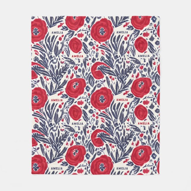 Floral Red White & Blue Botanical Pattern Fleece Blanket (Front)