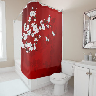 Floral Red White Cherry Blossom Oriental Shower Curtain