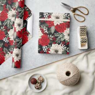 Floral Red White Christmas Pattern GIft Wrapping Paper