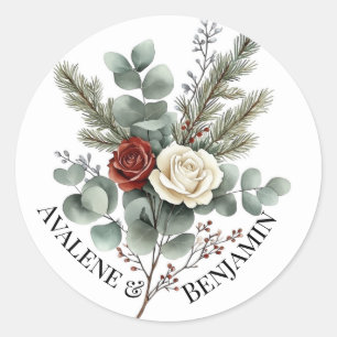 Floral Red White Christmas Roses Wedding Classic Round Sticker