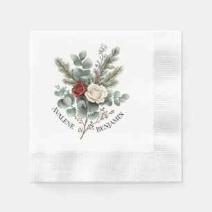 Floral Red White Christmas Roses Wedding Napkin