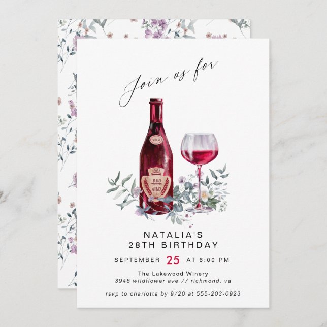 Floral Red Wine Tasting | Modern Women's Birthday Invitation (Front/Back)