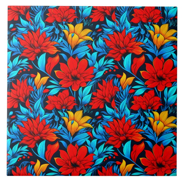 Floral Red yellow Flowers Pattern-13075 Tile (Front)