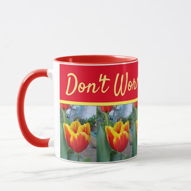 Floral Red Yellow Tulip Don't Worry Be Happy Mug (Left)