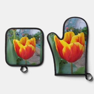 Floral Red Yellow Tulip Flower Floral Photo Oven Mitt & Pot Holder Set