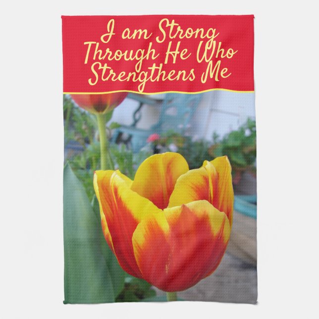 Floral Red Yellow Tulip God Quote I Am Strong Tea Towel (Vertical)
