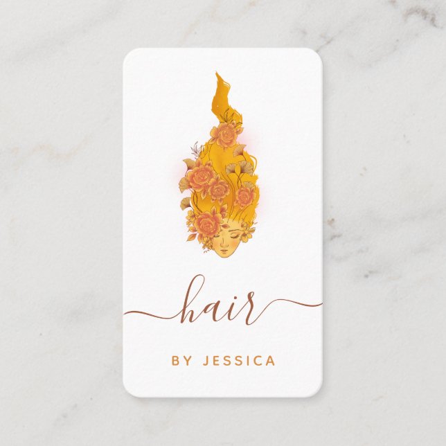 Floral Redhead Wavy Hair Girl Hairstylist Add Logo Business Card (Front)
