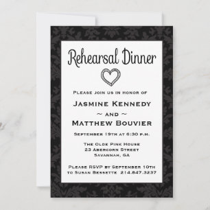 Floral Rehearsal Dinner Black And Grey Damask Invitation