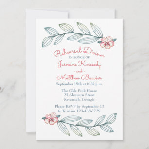 Floral Rehearsal Dinner Blue Grey Leaf Red Flowers Invitation