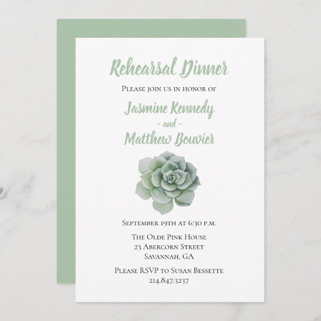 Floral Rehearsal Dinner Green Succulent Cactus Invitation (Front/Back)