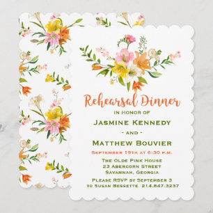 Floral Rehearsal Dinner Lily Flowers Orange, Green Invitation