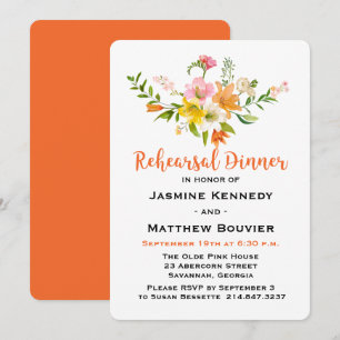 Floral Rehearsal Dinner Lily Flowers Orange, Green Invitation