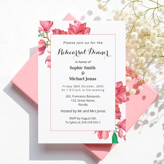 Floral Rehearsal Dinner Pink White Magnolia Invitation (Creator Uploaded)