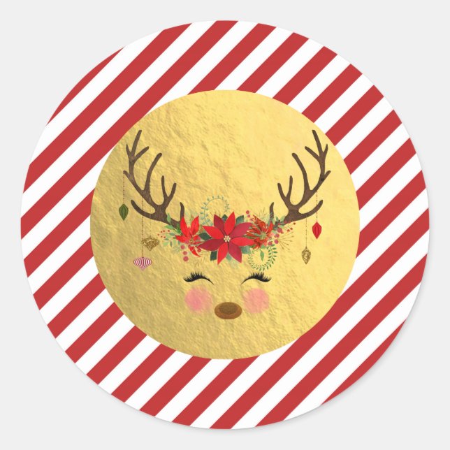 Floral Reindeer Christmas Red Stripes Gold Foil Classic Round Sticker (Front)
