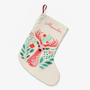 Floral Reindeer Custom Name Small Christmas Stocking