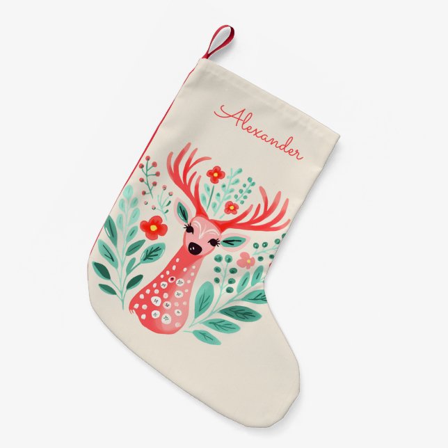 Floral Reindeer Custom Name Small Christmas Stocking (Front (Hanging))