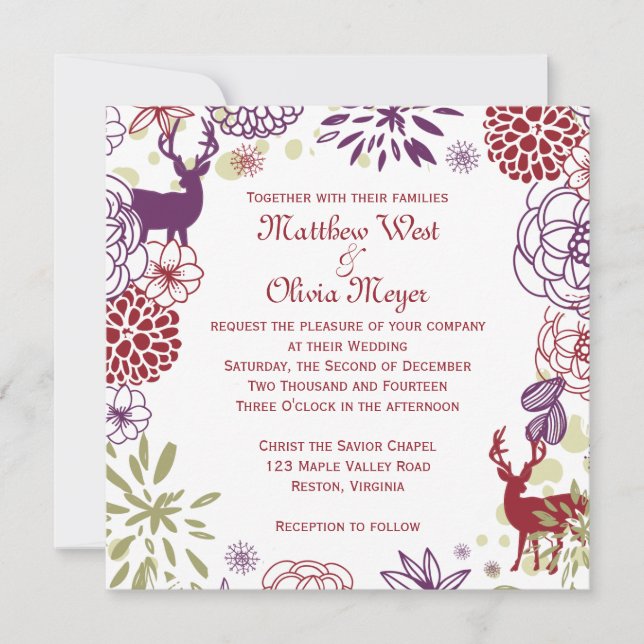 Floral Reindeer Winter Wedding Invitation (Front)