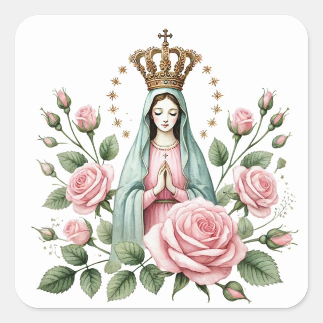 Floral Religious Mother Mary Pink Roses Square Sticker (Front)