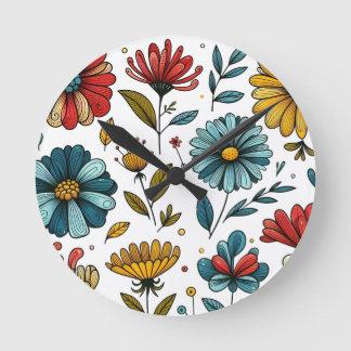 Floral Retro Folk Art Round Clock