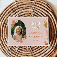 Floral Retro Photo Birthday Thank You Card