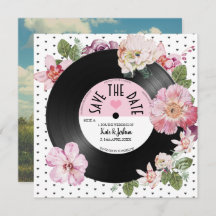 Floral retro vinyl Record Photo Save the Date  