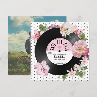 Floral retro vinyl Record Photo Save the Date   Invitation