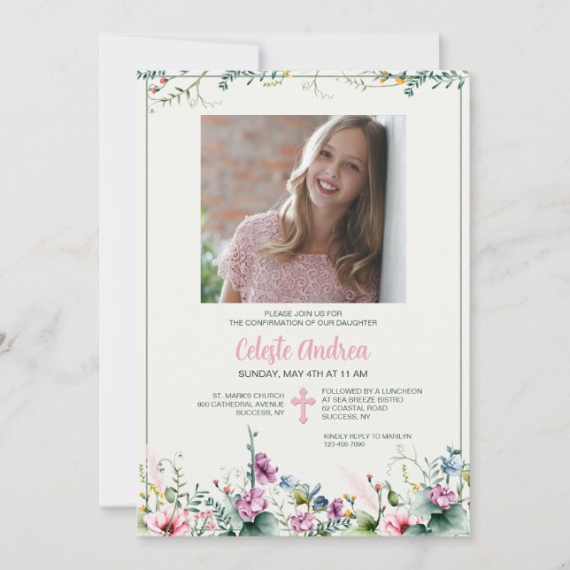 Floral Revelry Photo Religious Invitation (Front)
