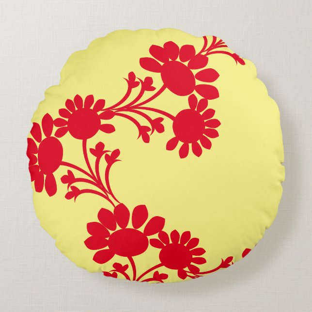 Floral Reversible Yellow Red  Round Cushion (Front)