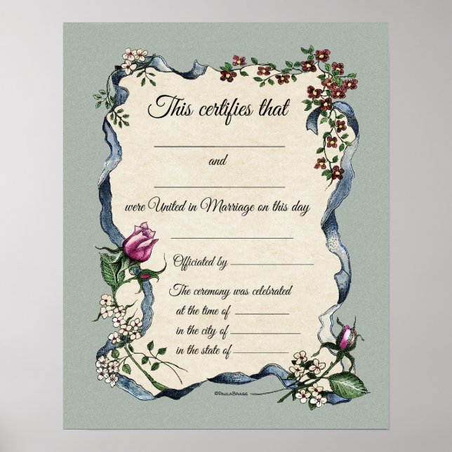 Floral Ribbon Border Wedding Certificate Poster (Front)