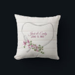 Floral Ribbon Heart with Wedding Date Cushion<br><div class="desc">Pink flowers with green ivy bouquet on white satin ribbon heart on whitewashed wood background.
Names and wedding date are editable.</div>