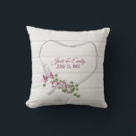 Floral Ribbon Heart with Wedding Date Cushion<br><div class="desc">Pink flowers with green ivy bouquet on white satin ribbon heart on whitewashed wood background.
Names and wedding date are editable.</div>