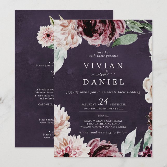 Floral Romance All In One | Plum Wedding Invitation (Front/Back)