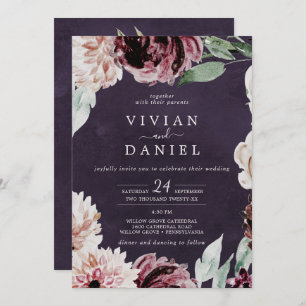 Floral Romance All In One   Plum Wedding Invitation